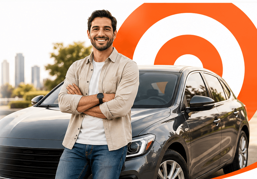 Vendedor sorrindo ao lado de um carro com o alvo Carhoo ao fundo.